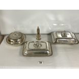 TWO SILVER PLATED RECTANGULAR TUREENS AND 1 CIRCULAR, AND A PLATED SIFTER.