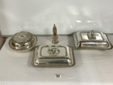 TWO SILVER PLATED RECTANGULAR TUREENS AND 1 CIRCULAR, AND A PLATED SIFTER.