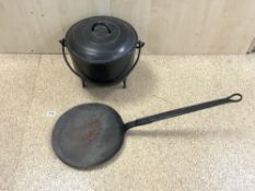 CAST IRON COOKING POT ON 3 LEGS WITH LID, AND IRON FRYING PAN.
