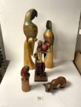 THREE CARVED PAINTED WOODEN MODELS OF PARROTS, 52 CMS TALLEST, SMALL WOODEN CAT AND A PAINTED