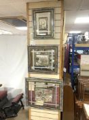 THREE MODERN ITALIAN WALL MIRRORS WITH INSET SILVERED EMBOSSED SCENES, 72X60 LARGEST.