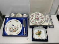 MIXED BOXED CERAMICS ROYAL WORCESTER COFFEE CANS/PLATES OLD FOLEY TART PLATE AND SERVER AND MORE