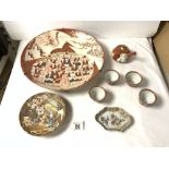 JAPANESE KUTANI WALL PLATE; 36 CMS DIAM AND 4 KUTANI SAKE CUPS, TEA POT ETC.