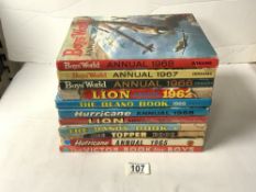 ELEVEN 1960s ANNUALS; BEANO, DANDY, BOYS WORLD, HURRICANE.