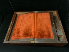 A VICTORIAN ROSEWOOD AND MOTHER O PEARL INLAID WRITING SLOPE; THE INTERIOR FITTED WITH 2 DRAWERS;