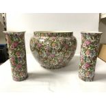 CROWN DUCAL CHINTZ PATTERN JARDINIERE A/F, 19X23 CMS AND A PAIR OF MATCHING SPILL VASES.