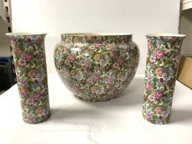 CROWN DUCAL CHINTZ PATTERN JARDINIERE A/F, 19X23 CMS AND A PAIR OF MATCHING SPILL VASES.