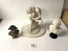 ALABASTER SEATED FIGURE 21CM WITH TWO BUSTS ONE BEING NAPOLEON