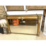 REGENCY GILT FRAMED OVERMANTLE MIRROR WITH COLUMN AND GESSO MOUNTS 144 X 90 CM