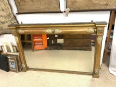 REGENCY GILT FRAMED OVERMANTLE MIRROR WITH COLUMN AND GESSO MOUNTS 144 X 90 CM