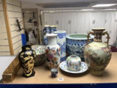 A QUANTITY OF MODERN CHINESE CERAMIC ITEMS, INCLUDES - BLUE AND WHITE FISH BOWL, 24X16 CMS, AND