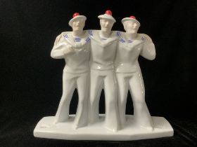 FRENCH ART DECO STYLE PORCELAIN GROUP AFTER 'EDOUARD CAZAUX', 'THREE SAILORS ON LEAVE', 29 CMS.