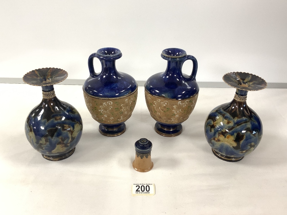 A PAIR OF DOULTON LAMBETH VASES BY FRANK BUTLER, 17.5 CMS, PAIR DOULTON SLATER JUGS, AND SMALL