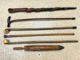 FIVE WOODEN WALKING STICKS AND JAPANESE PARASOL.