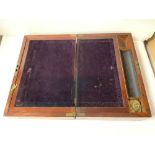 A VICTORIAN MAHOGANY RECTANGULAR WRITING SLOPE, THE INTERIOR WITH BRASS TOPPED INKWELL, 35 CMS.