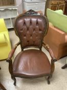 LOUIS STYLE LEATHER BUTTON BACK ARMCHAIR WITH SCROLL ARMS