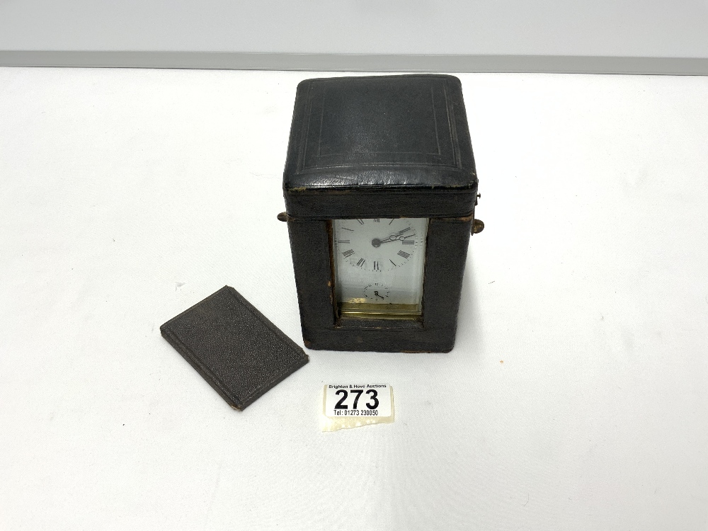 BRASS CARRIAGE CLOCK WITH STRIKING ALARM MOVEMENT AND WHITE ENAMEL DIAL 11CM ( REAR DOOR LOOSE ) - Image 2 of 5
