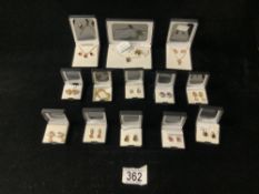 TEN PAIRS OF MODERN STONE SET EARRINGS, AND 3 NECKLACE/EARRING SETS.