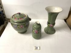 ROYAL WINTON GRIMWADES LILACS AND ROSE DECORATED BISCUIT JAR; 17 CM AND 2 MATCHING VASES.