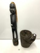 AFRICAN CARVED AND PAINTED SOFT WOOD FIGURE OF A MAN, 68 CMS, AND AFRICAN CARVED HARDWOOD BUCKET, 26