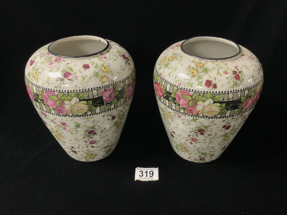 A PAIR OF LATE VICTORIAN TRANSFER PRINTED FLORAL VASES; 21 CMS. - Image 2 of 5