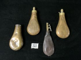 THREE ANTIQUE BRASS AND 1 LEATHER POWDER FLASKS.