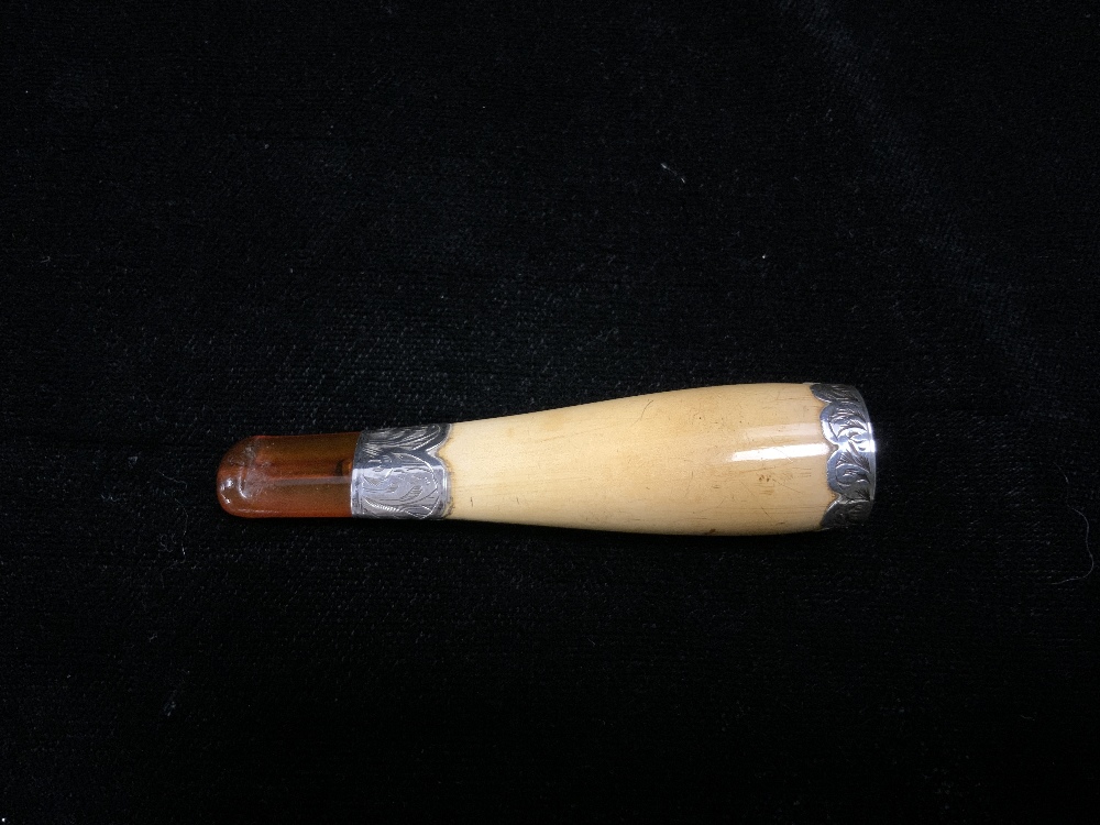 VICTORIAN MEERSCHAUM AND AMBER CHEROOT HOLDER WITH ENGRAVED WHITE METAL MOUNTS IN LEATHER CASE; - Image 3 of 4