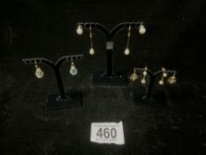 TWO PAIRS OF 9CT GOLD AND CULTURED PEARL DROP EARRINGS, AND 3 OTHER PAIRS OF EARRINGS.