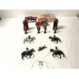 DIE-CAST TOY TRACTOR WITH LAND ARMY LADY, BRITAINS DISC HARROW IN BOX, SOLDIERS ON HORSEBACK AND