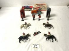 DIE-CAST TOY TRACTOR WITH LAND ARMY LADY, BRITAINS DISC HARROW IN BOX, SOLDIERS ON HORSEBACK AND