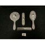 A HALLMARKED SILVER BACKED 4 PIECE DRESSING TABLE SET.