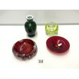 GREEN GLASS VASE, AND 3 STUDIO COLOURED GLASS DISHES.