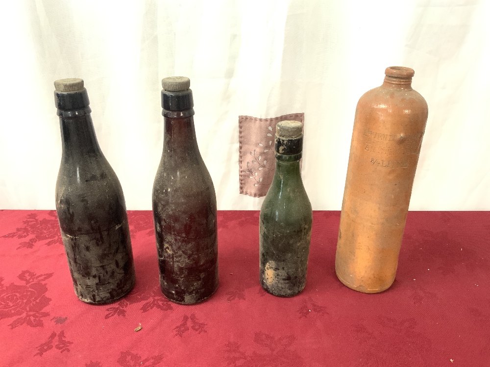 OLD GINGER BEER BOTTLE, AND GLASS BOTTLES IN VINTAGE WOODEN CRATE. - Image 5 of 6