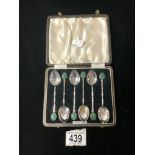 SET OF SIX STERLING SILVER HALLMARKED TEA SPOONS WITH GREEN HARDSTONE; CASED; 61 GMS.