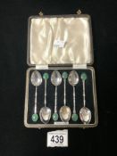 SET OF SIX STERLING SILVER HALLMARKED TEA SPOONS WITH GREEN HARDSTONE; CASED; 61 GMS.