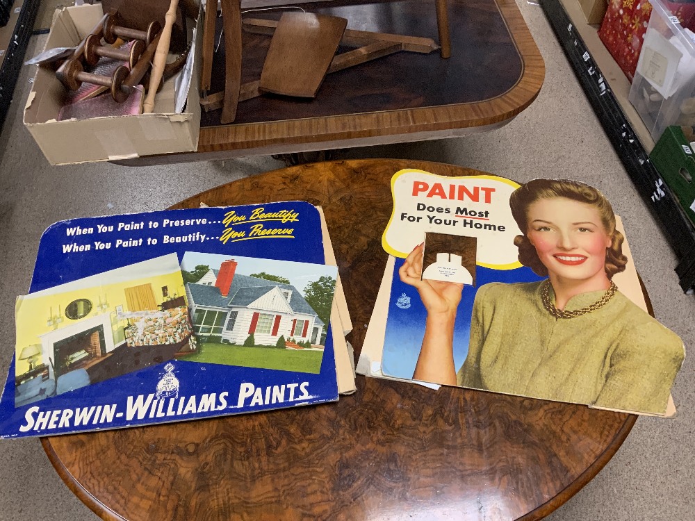TWO VINTAGE CARDBOARD CUT OUT ADVERTISING SIGNS FOR SHERWIN-WILLIAMS PAINTS, 60X49 CMS.