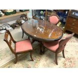 VINTAGE OVAL MAHOGANY TILT TOP TABLE WITH DECORATIVE PARQUETRY INLAID WITH FOUR CHAIRS