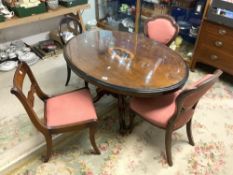 VINTAGE OVAL MAHOGANY TILT TOP TABLE WITH DECORATIVE PARQUETRY INLAID WITH FOUR CHAIRS