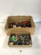DINKY AND OTHER PLAY WORN VEHICLES, AND QUANTITY OF PLASTIC TOY MILITARY PLAY FIGURES AND ANIMALS.