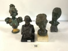 ART NOUVEAU STYLE BUST OF A LADY, 2 OTHER BUSTS OF LADIES, AND A BUST OF NAPOLEON.