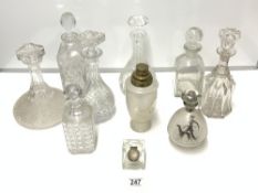 A 1950s ETCHED GLASS COCKTAIL SHAKER, SMALL FROSTED GLASS SHERRY DECANTER, A/F, AND 7 OTHER