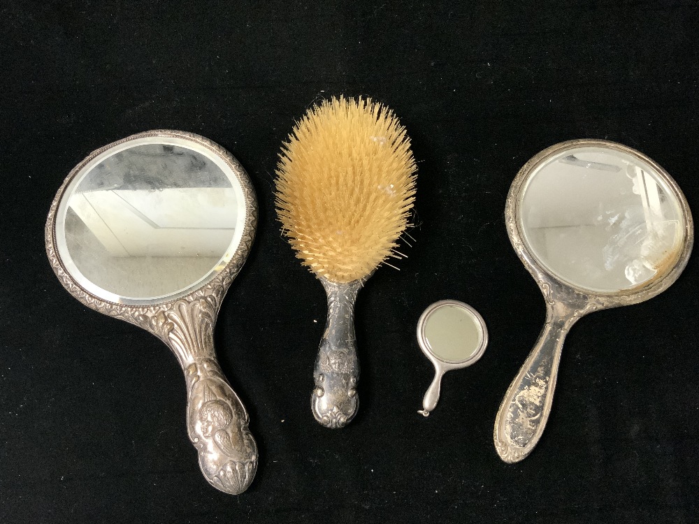 TWO HALLMARKED SILVER BACKED MIRRORS AND BRUSH, AND MINIATURE MIRROR. - Image 2 of 4