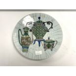 CHINESE CRACKLE GLAZED PLATE WITH CHARACTER MARKS TO BASE 30CM