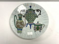 CHINESE CRACKLE GLAZED PLATE WITH CHARACTER MARKS TO BASE 30CM