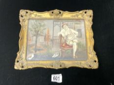 UNSIGNED OIL ON BOARD OF A LADY SAT ON A CHAIR FRAMED AND GLAZED 32 X 26CM