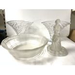 A PAIR OF HEAVY CUT GLASS VASES, 20 CMS AND FROSTED MOULDED GLASS FIGURE ROSE BOWL.