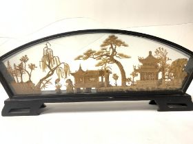 ORIENTAL CARVED CORK DIORAMA IN GLAZED CASE.