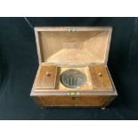 REGENCY BIRDS EYE MAPLE AND ROSEWOOD BANDED SARCOPHAGOS SHAPED TEA CADDY, INTERIOR WITH LIDS AND