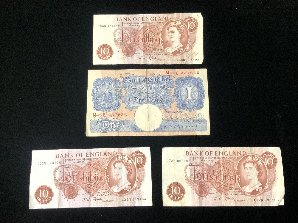 THREE BANK OF ENGLAND OLD 10 SHILLING NOTES AND A ONE POUND NOTE. - Image 2 of 3