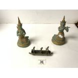 PAIR OF PAINTED IRON FIGURES OF THAI GODESS; 17 CMS, AND SMALL BRONZE OF FIGURES IN A BOAT.